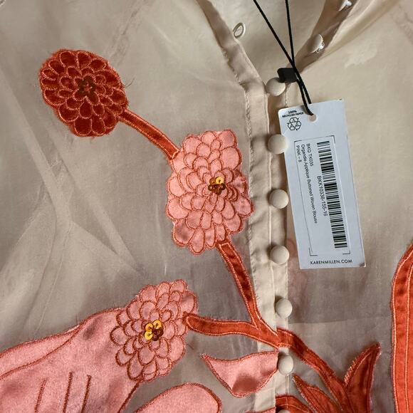 Karen Millen Organdie Applique Buttoned Sheer Long Sleeve Sequined Blouse 4 - Picture 11 of 12